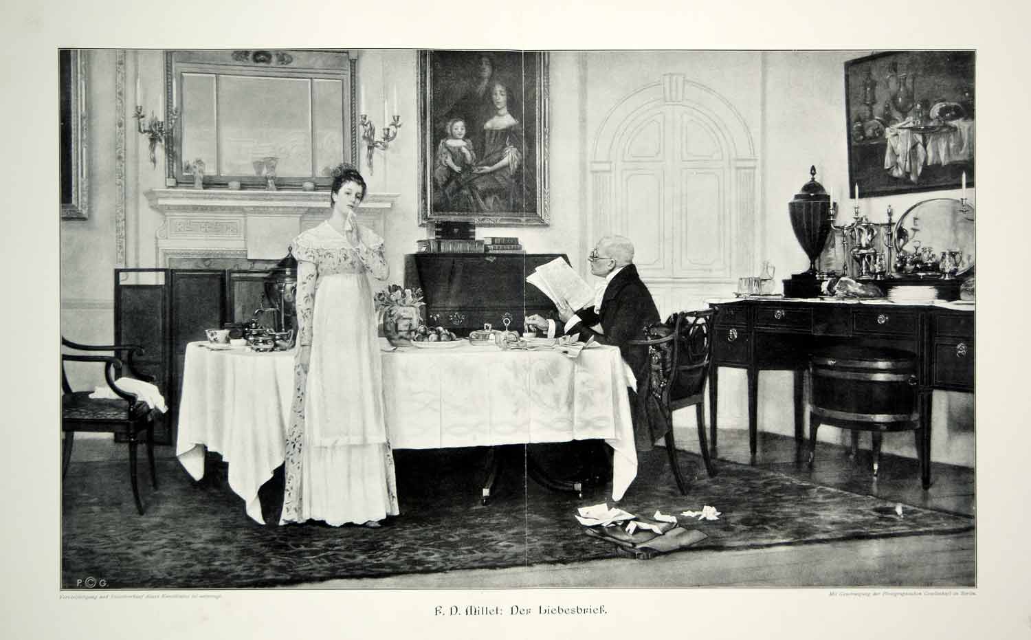 1912 Print Francis Davis Millet Love Letter Leibesbrief Dinning Room Antique MK4