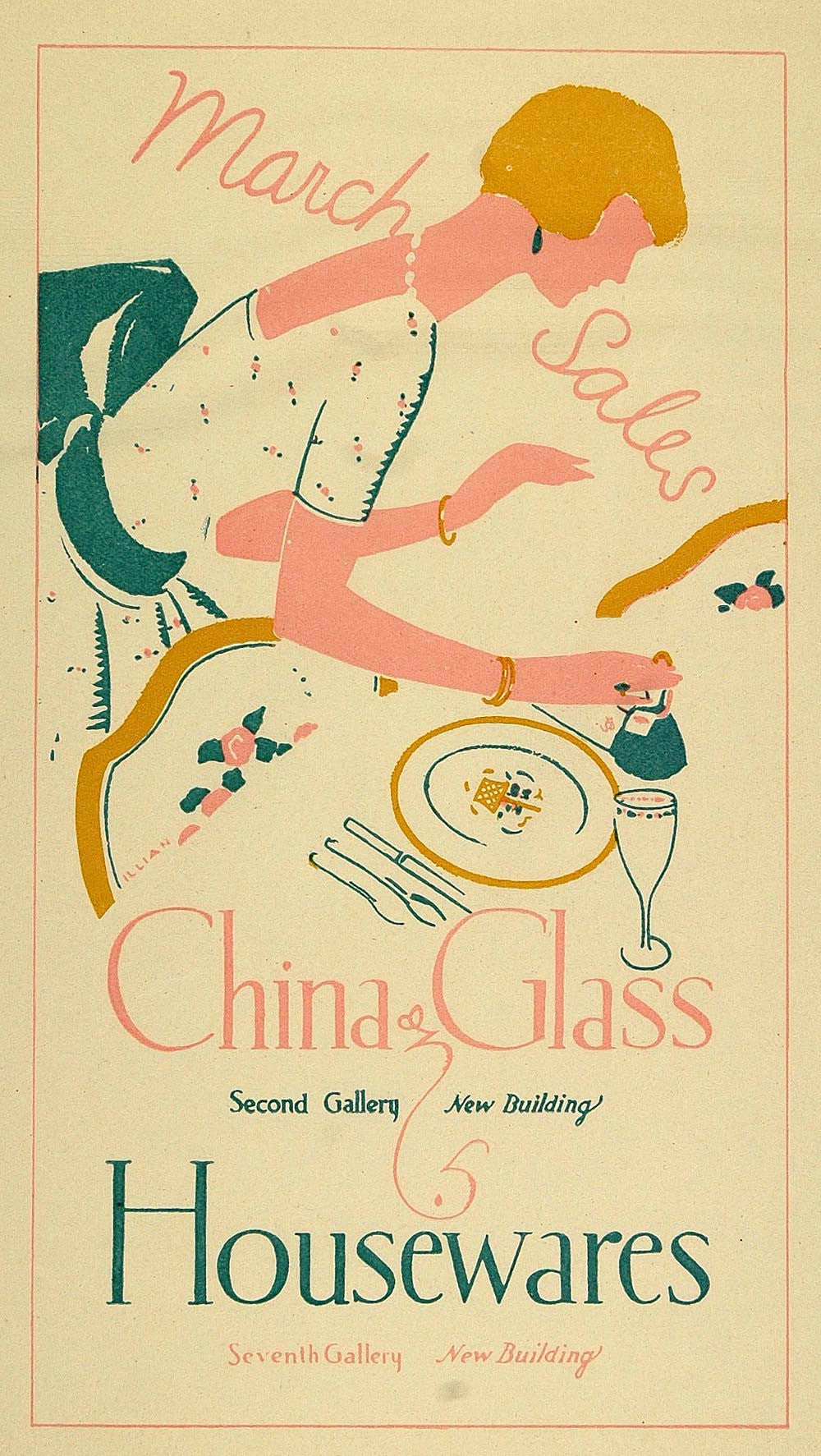 1924 Lithograph George Illian Mini Poster Table Setting China Glass Housewares - Period Paper
