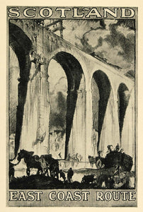 1924 Print Frank Brangwyn Mini Poster Art Travel Scotland LNER Railroad Viaduct