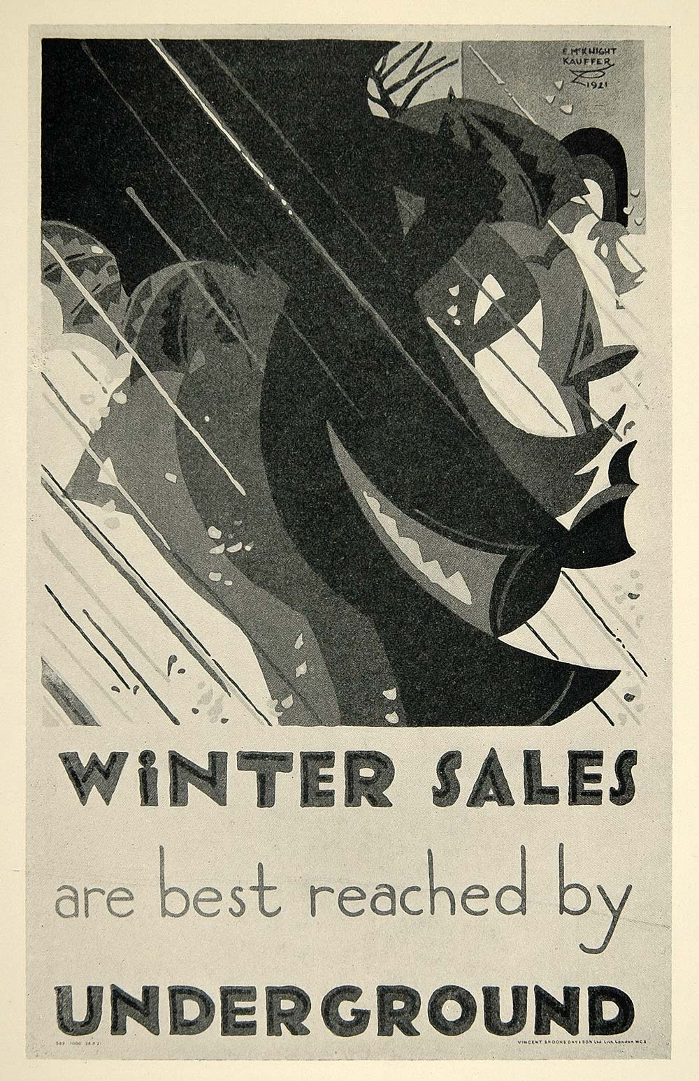 1924 Print E. McKnight Kauffer London Underground Mini Poster Art Winter Sales