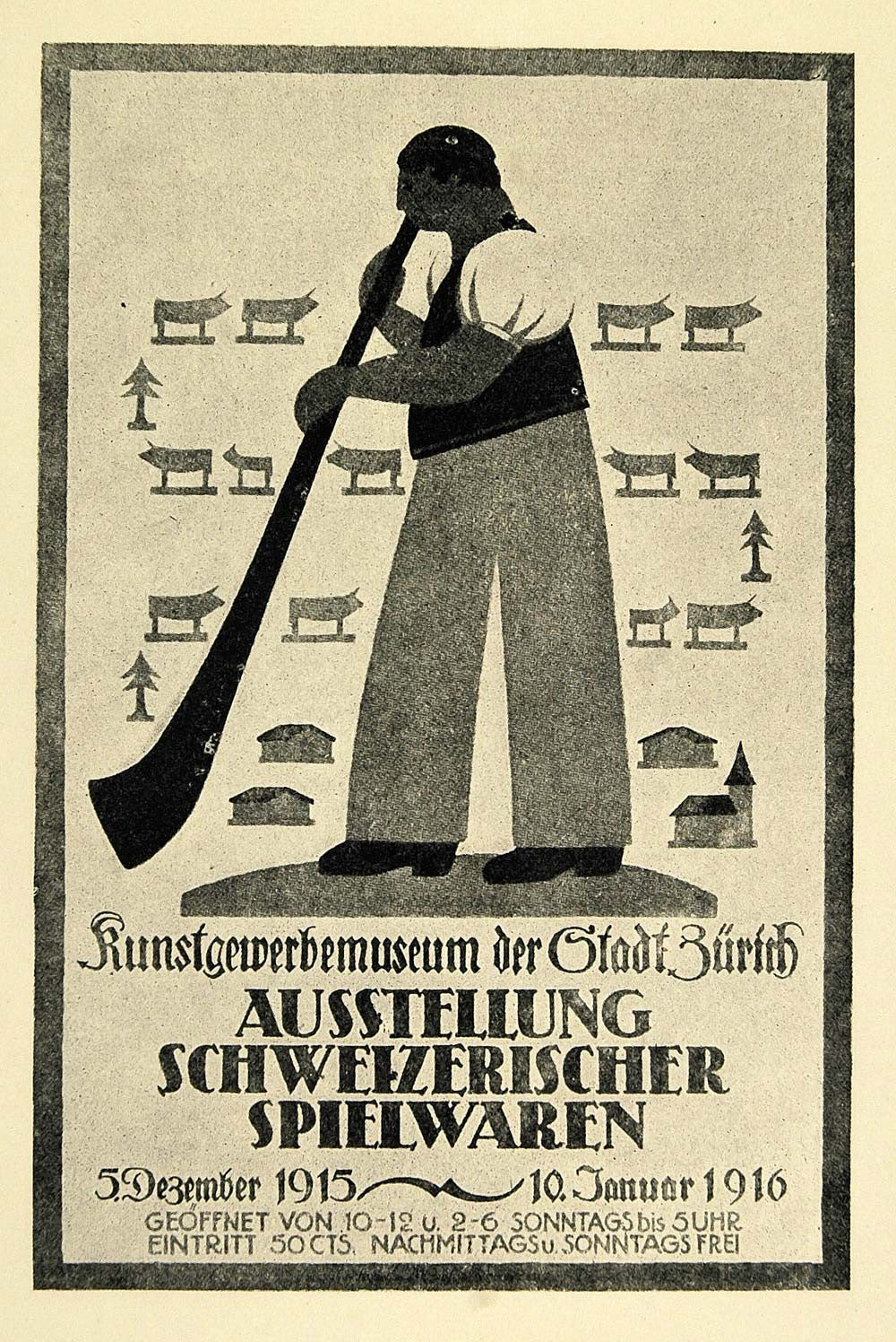 1924 Print Wilhelm Kienzle Poster Art Swiss Alphorn Kunstgewerbemuseum Zurich