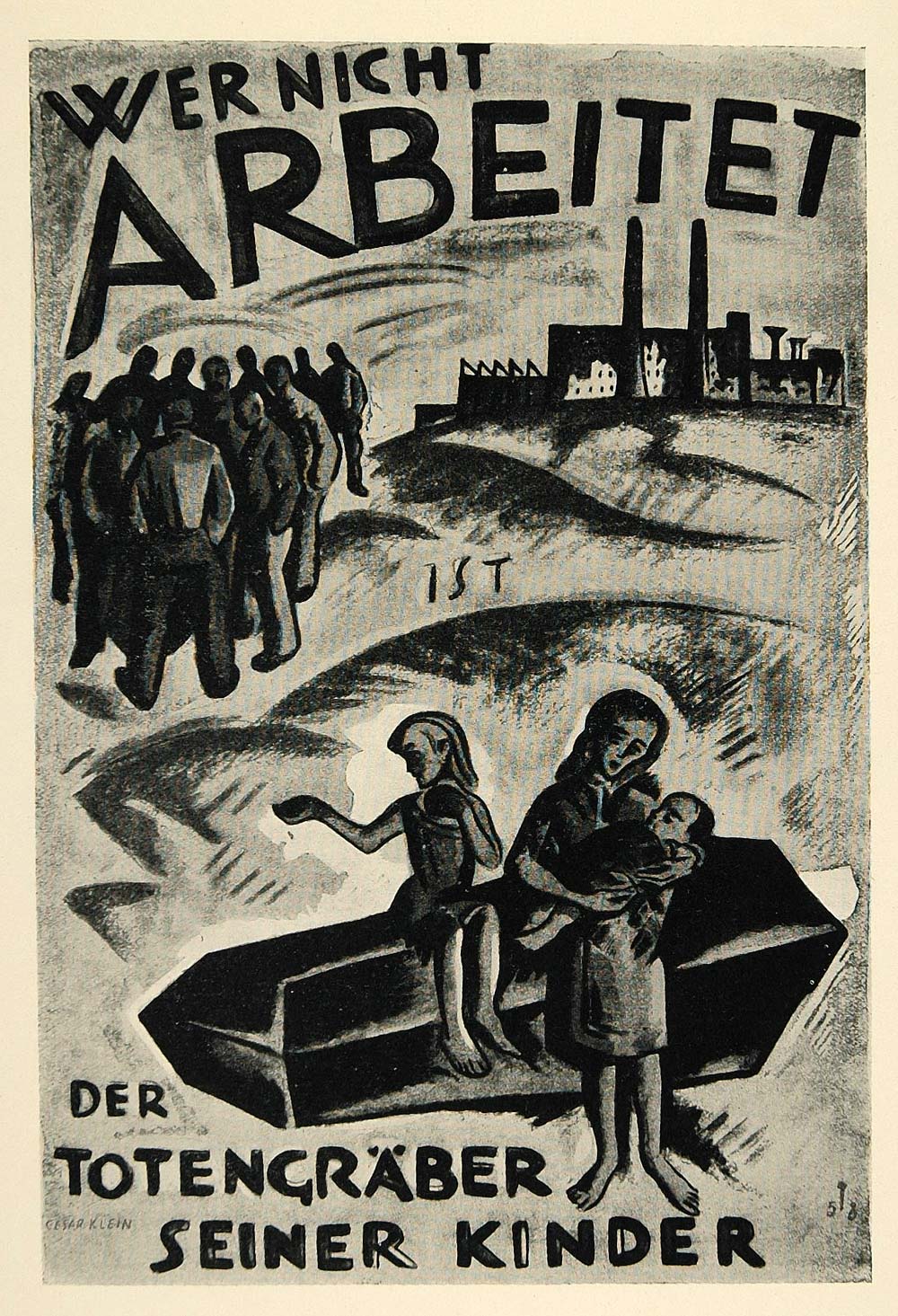 1924 Print Cesar Klein Mini Poster Art German Factory Wer Nicht Arbeitet Germany