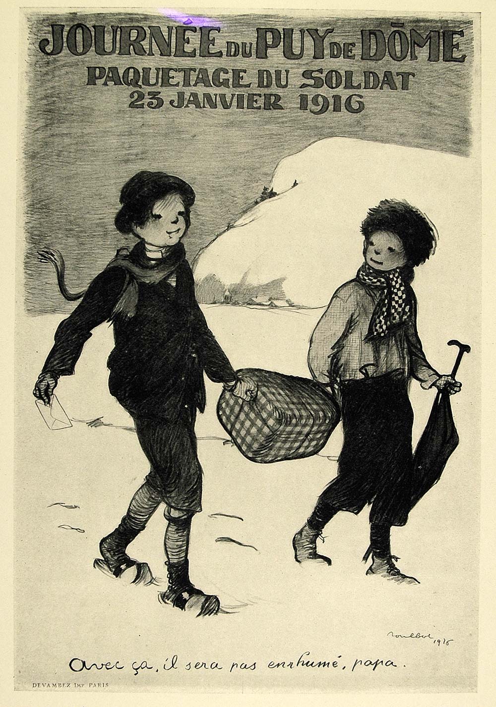 1924 Print Francisque Poulbot Mini Poster Art French Children World War I WWI