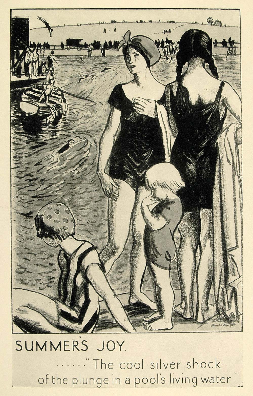 1924 Print Laura Knight Mini Poster Art Swimming Child Beach Underground Railway