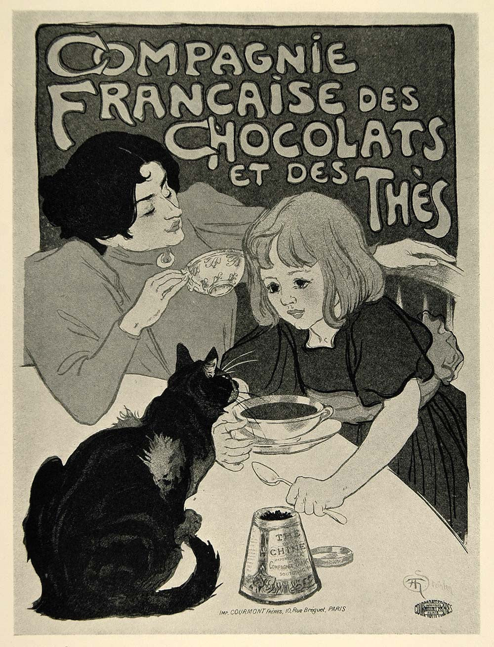1924 Print Steinlen Mini Poster Art Ad Compagnie Francaise Cat Hot Chocolate