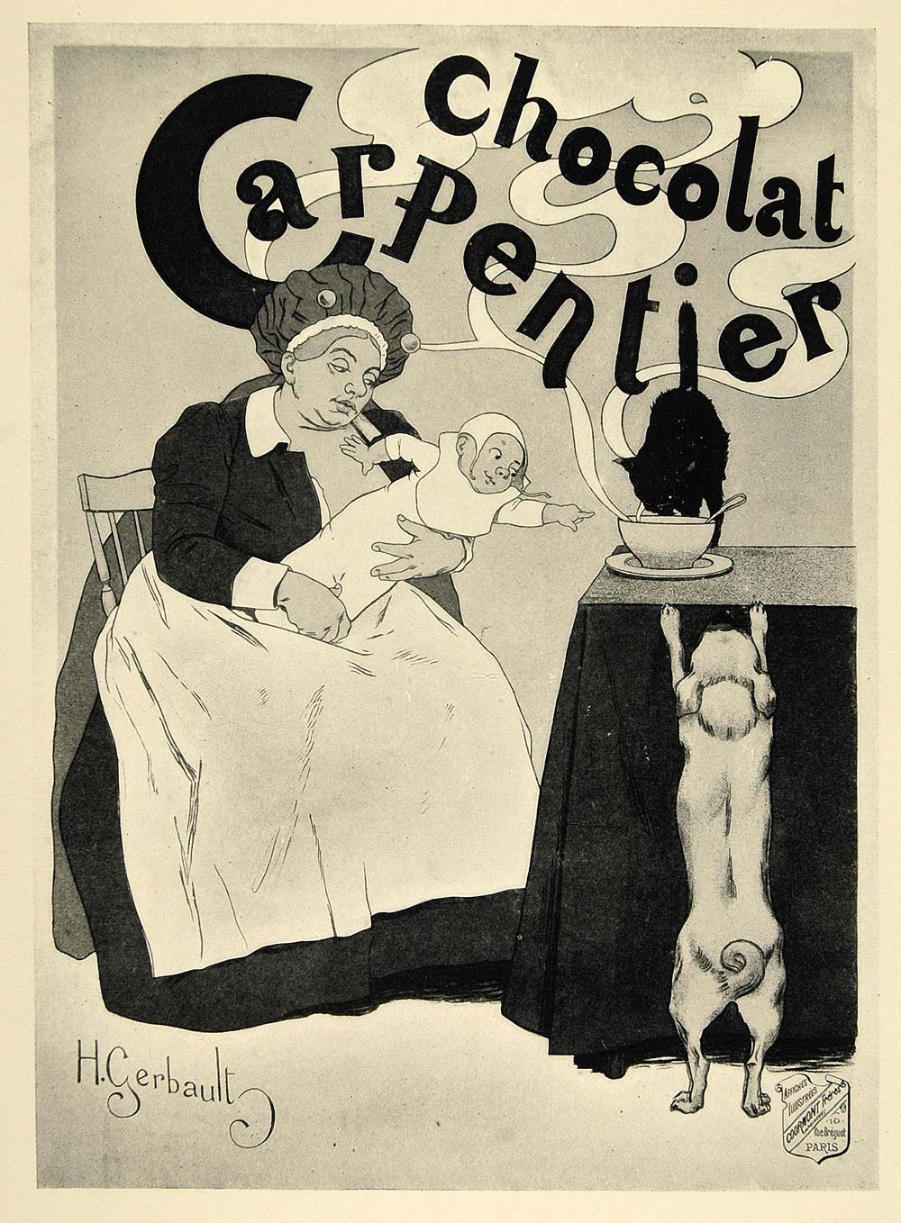 1924 Print Henri Gerbault Poster Art Chocolat Carpentier Ad Baby Infant Cat Dog
