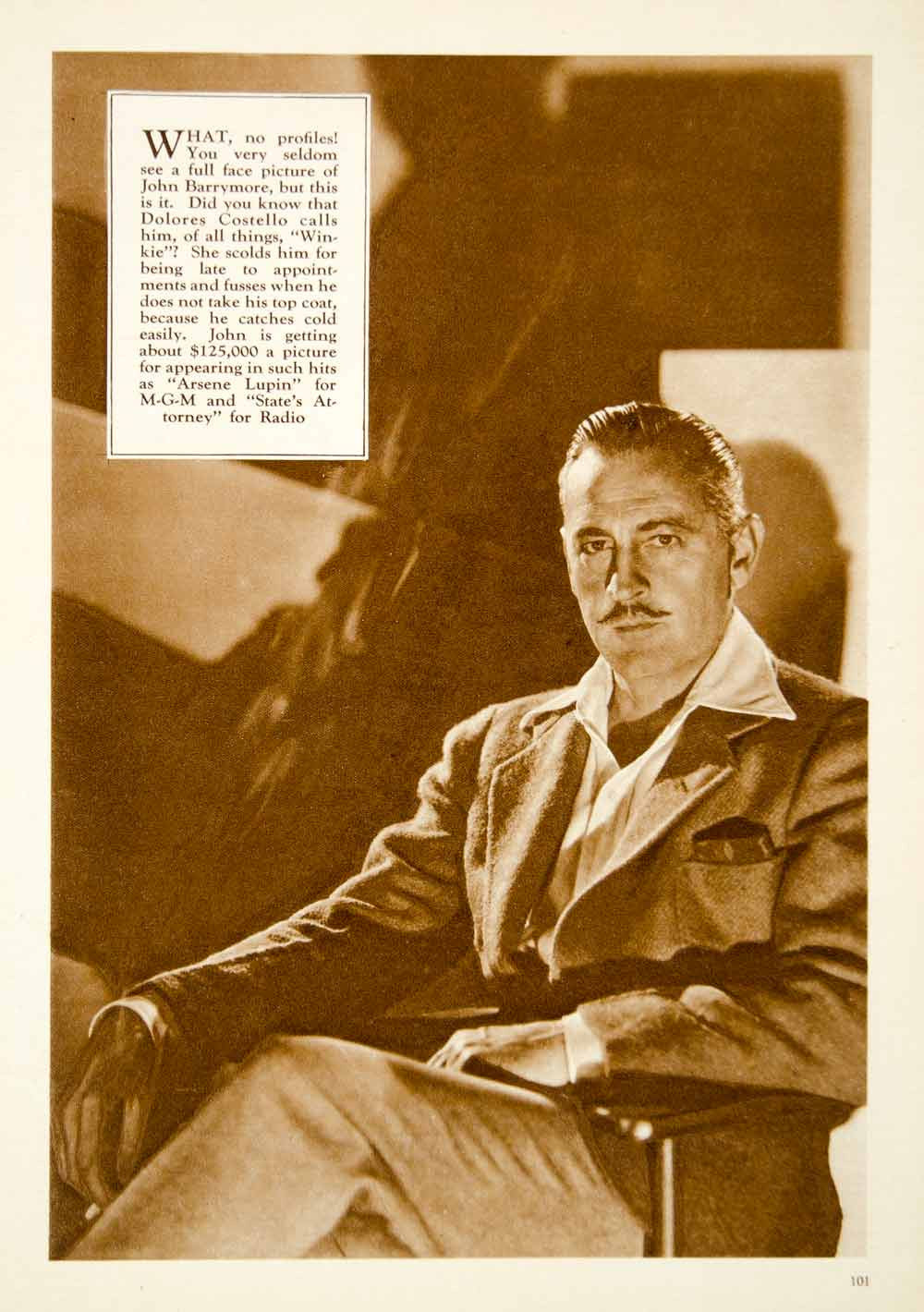 1932 Rotogravure John Barrymore Arsene Lupin Portrait Movie Film Actor MMM1