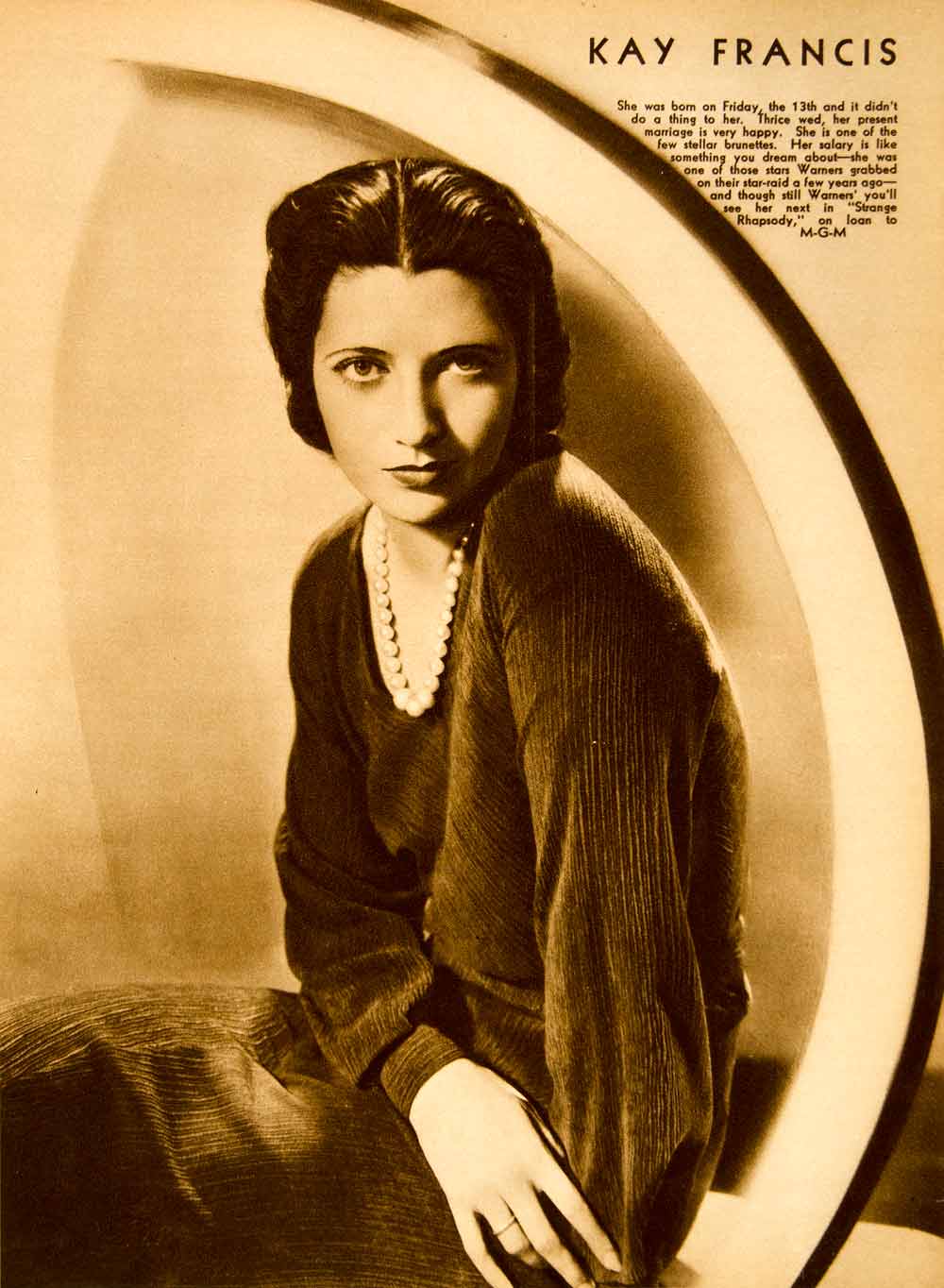 1933 Rotogravure Kay Francis Portrait Strange Rhapsody Fashion Movie Film MMM1