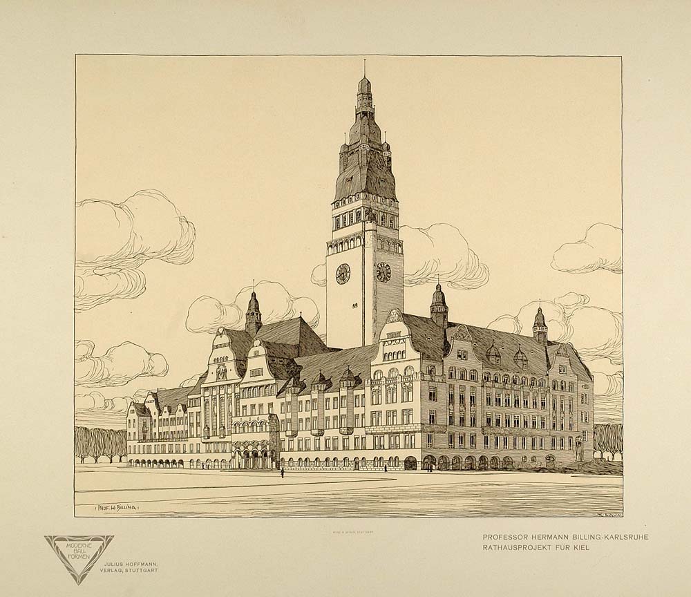1905 Print Hermann Billing Rathaus Kiel Germany - ORIGINAL MOB1