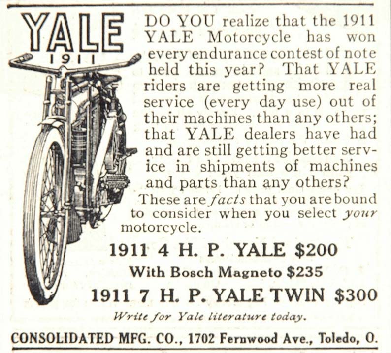 1911 Ad Vintage Yale Motorcycle Twin Toledo OH Antique - ORIGINAL ADVERTISING