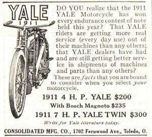 1911 Ad Vintage Yale Motorcycle Twin Toledo OH Antique - ORIGINAL ADVERTISING