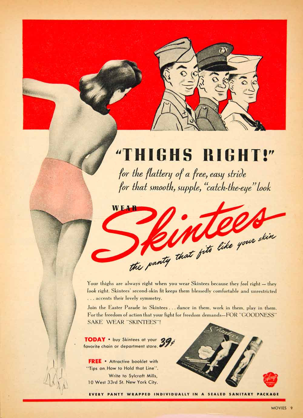 1943 Ad Skintees Panty 10 West 33rd Street WWII Underwear Underpants MOV1 - Period Paper
