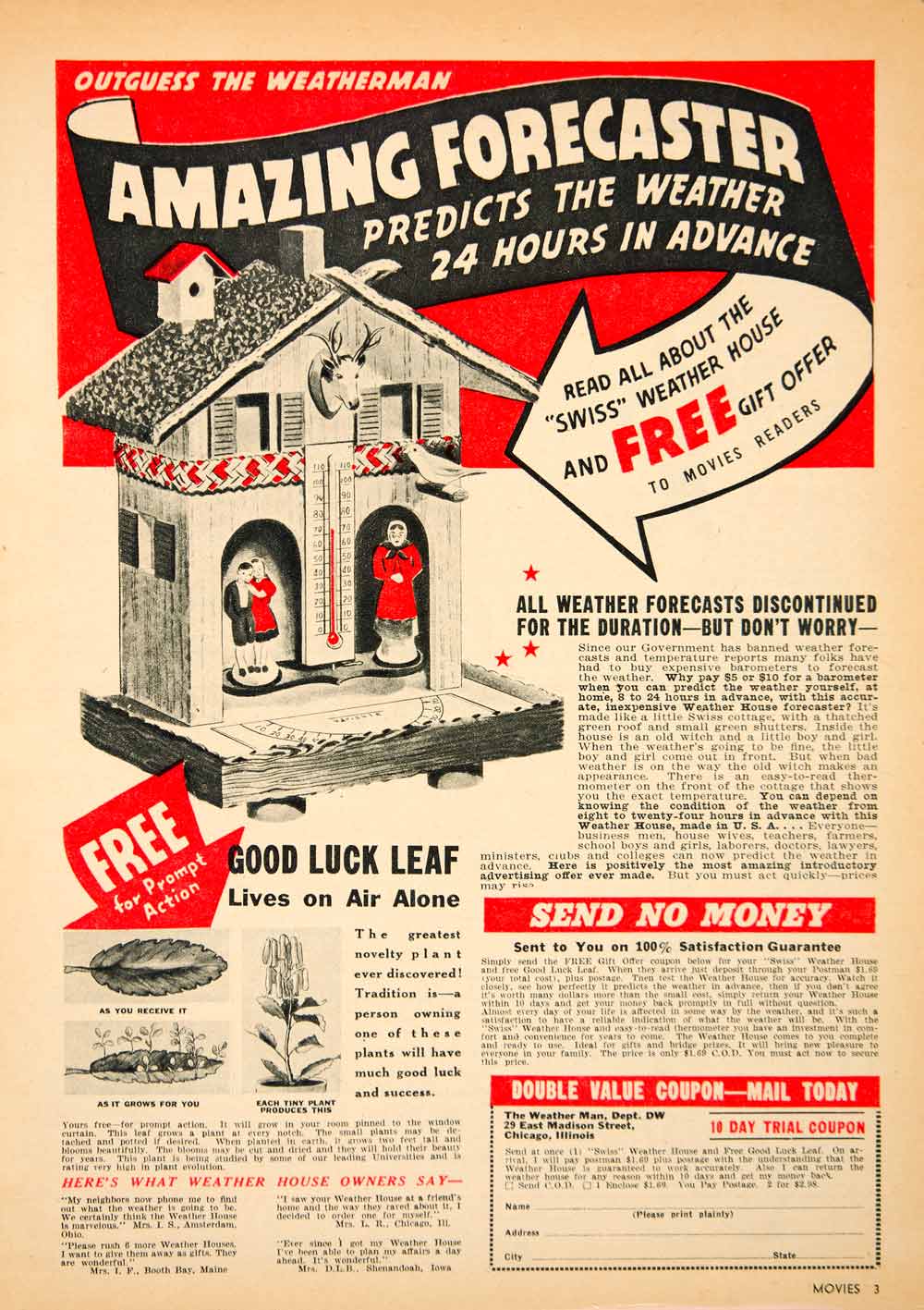 1943 Ad Forecaster Weather Man World War II Ban Leaf 29 Madison Street MOV1