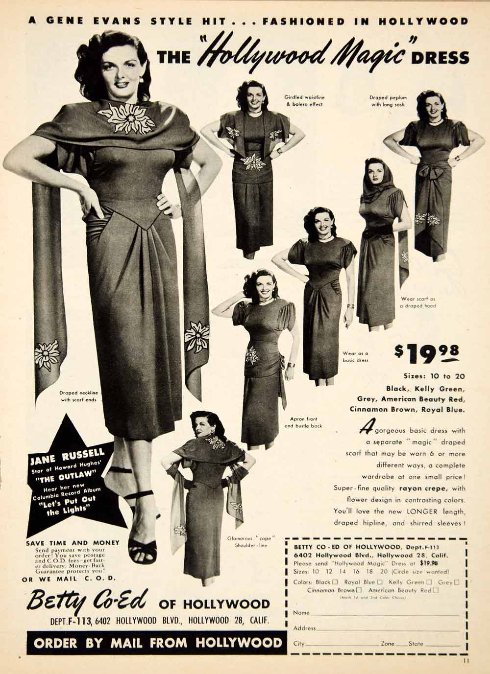 1947 Ad Hollywood Magic Dress Betty Co-Ed Jane Russell Outlaw Shawl Ra Period Paper Historic Art LLC 1947 Ad Hollywood Magic Dress Betty Co-Ed Jane Russell Outlaw Shawl Ra Period Paper Historic Art LLC