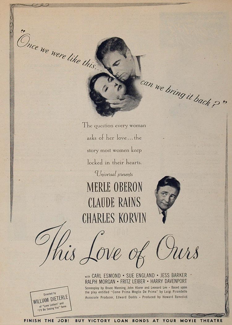 1945 Movie Ad This Love of Ours Merle Oberon Dieterle - ORIGINAL MOVIE2