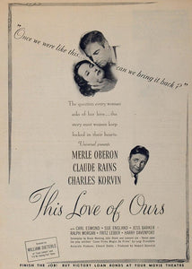 1945 Movie Ad This Love of Ours Merle Oberon Dieterle - ORIGINAL MOVIE2