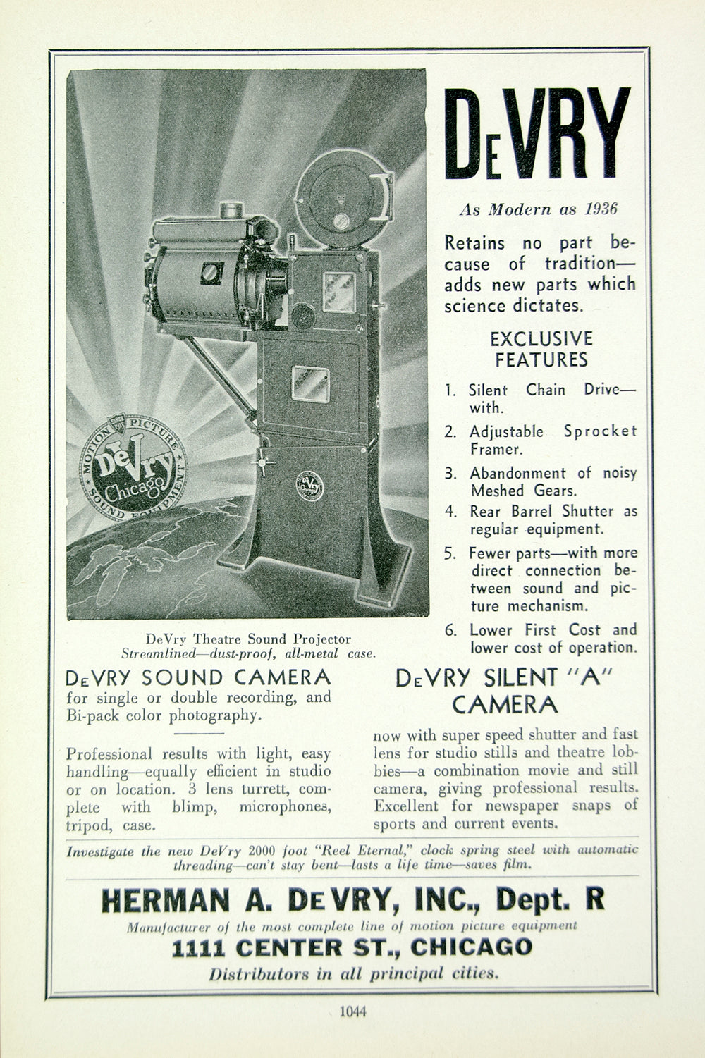 1936 Ad Vintage DeVry Sound Silent Film Camera Theatre Movie Projector MOVIE3
