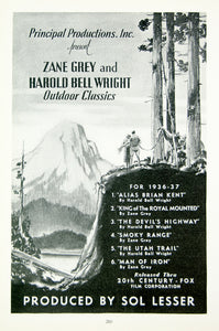 1936 Ad Vintage Western Movies Zane Grey Harold Bell Wright Sol Lesser MOVIE3
