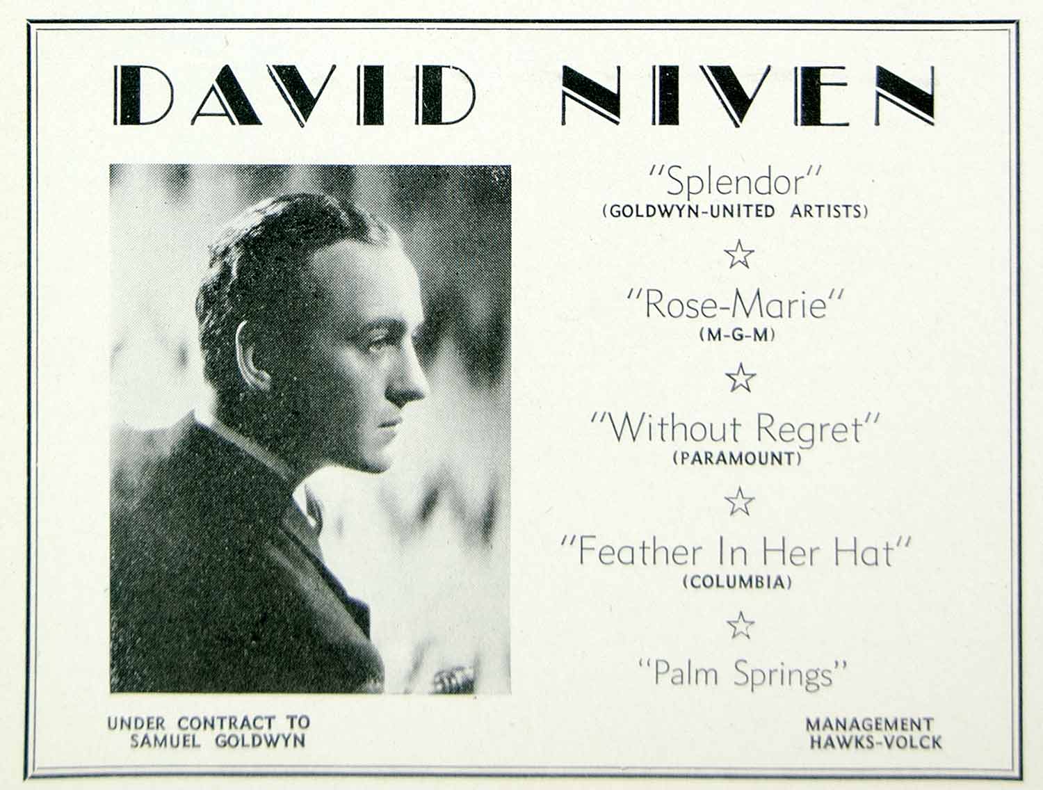 1936 Ad David Niven English Actor Movie Film Star Booking Samuel Goldwyn MOVIE3