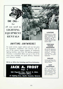 1958 Ad Jack A. Frost Movie Lighting Equipment Rentals Warehouse Detroit MOVIE4