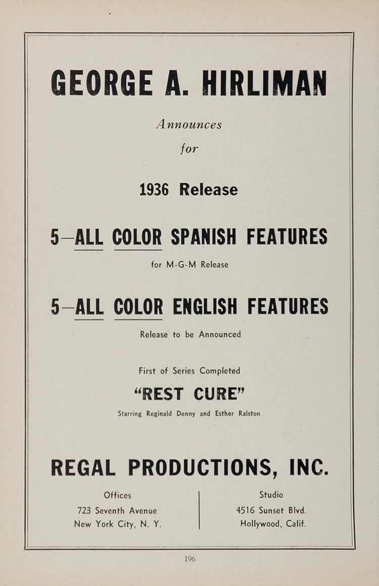 1936 Ad George A. Hirlman Producer Movies Films Regal - ORIGINAL MOVIE