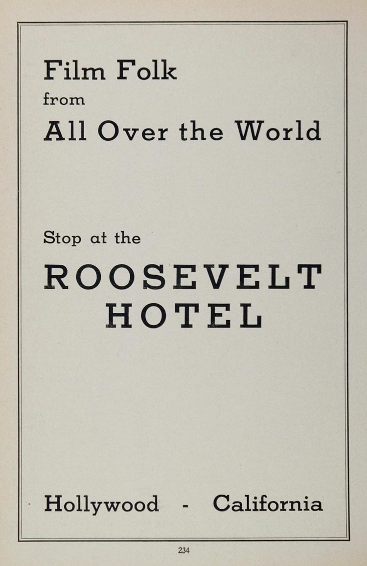 1936 Roosevelt Hotel Hollywood California B/W Print Ad - ORIGINAL MOVIE