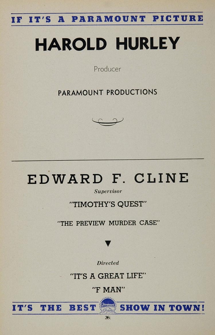 1936 Harold Hurley Edward F. Cline Paramount Pictures - ORIGINAL MOVIE