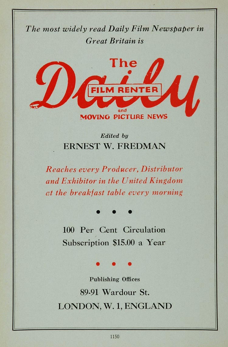 1936 Ad Daily Film Renter Moving Picture News England - ORIGINAL MOVIE