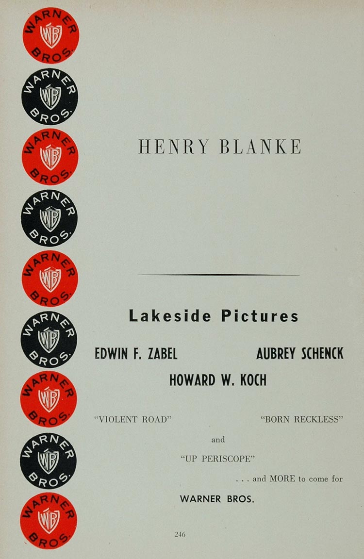 1958 Ad Henry Blanke Lakeside Pictures Warner Bros Film - ORIGINAL MOVIE