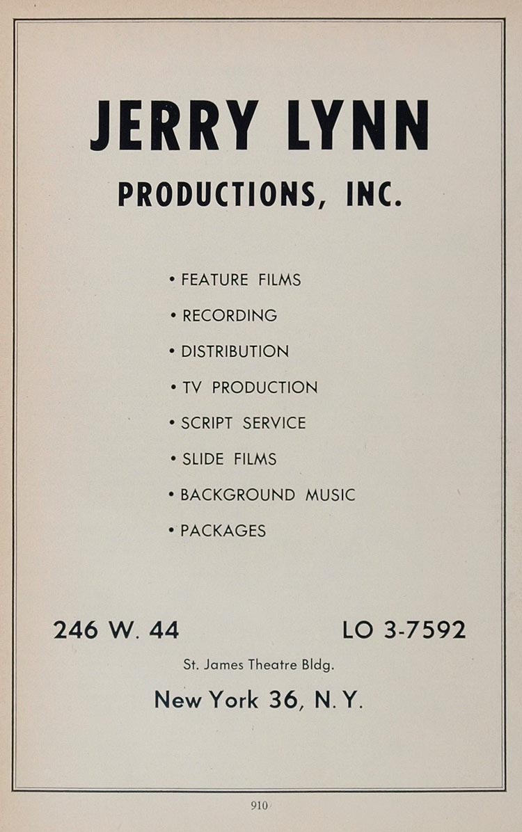 1958 Ad Jerry Lynn Productions Films TV Recording Movie - ORIGINAL MOVIE