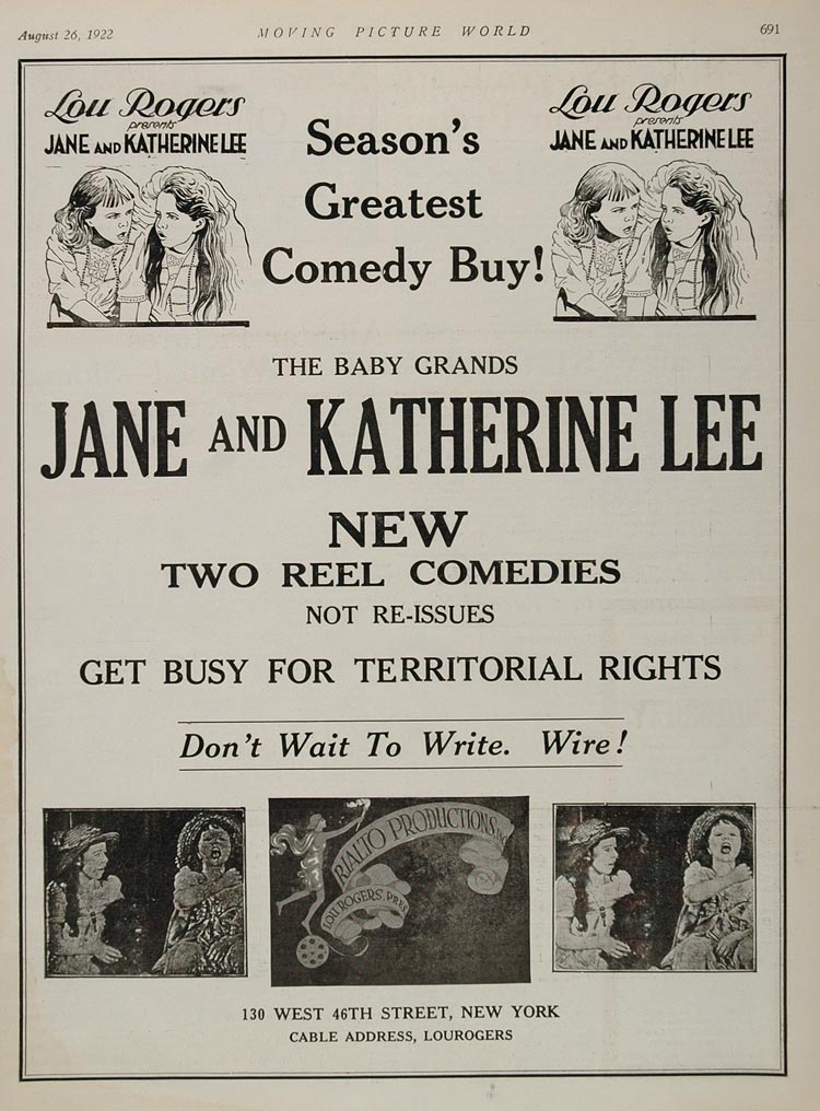 1922 Ad Jane Katherine Lee Child Film Actors Lou Rogers - ORIGINAL MP1