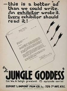 1922 Print Ad Jungle Goddess Silent Film Regun Theatre - ORIGINAL MP1
