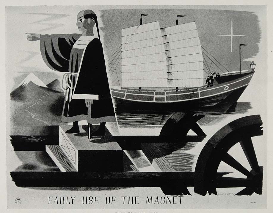 1945 Print Magnet Sails Ship Navigation Eric Fraser - ORIGINAL HISTORIC MP2