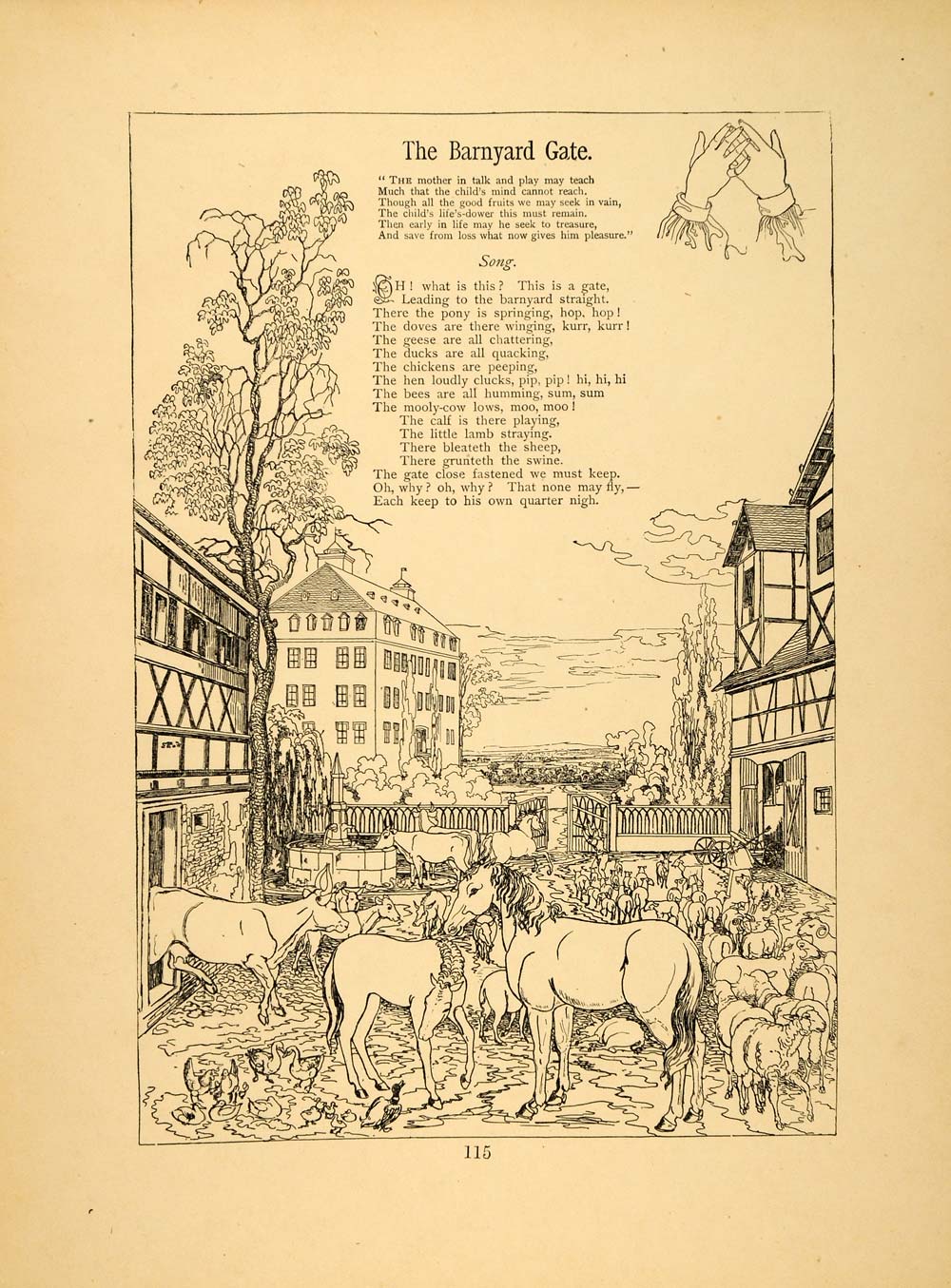 1879 Print Barnyard Gate Farm Animals Friedrich Froebel ORIGINAL HISTORIC MP3