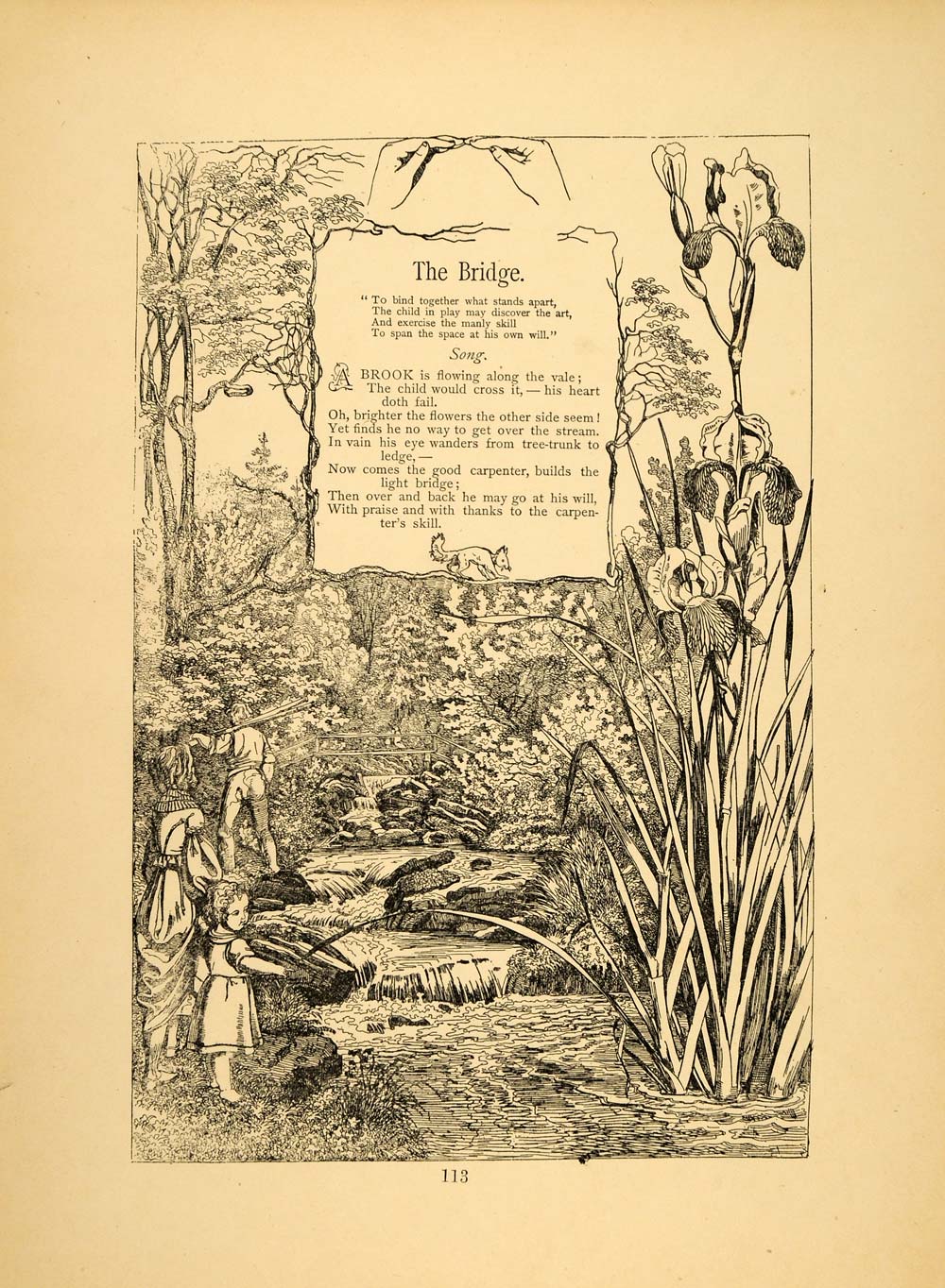 1879 Print Bridge Stream Child Brook Friedrich Froebel ORIGINAL HISTORIC MP3