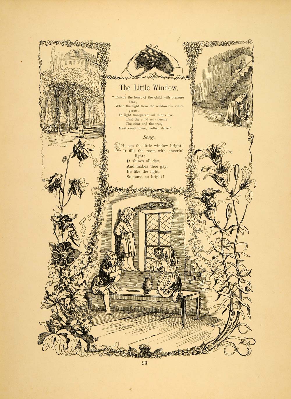1879 Print Window Children Flowers Friedrich Froebel - ORIGINAL HISTORIC MP3