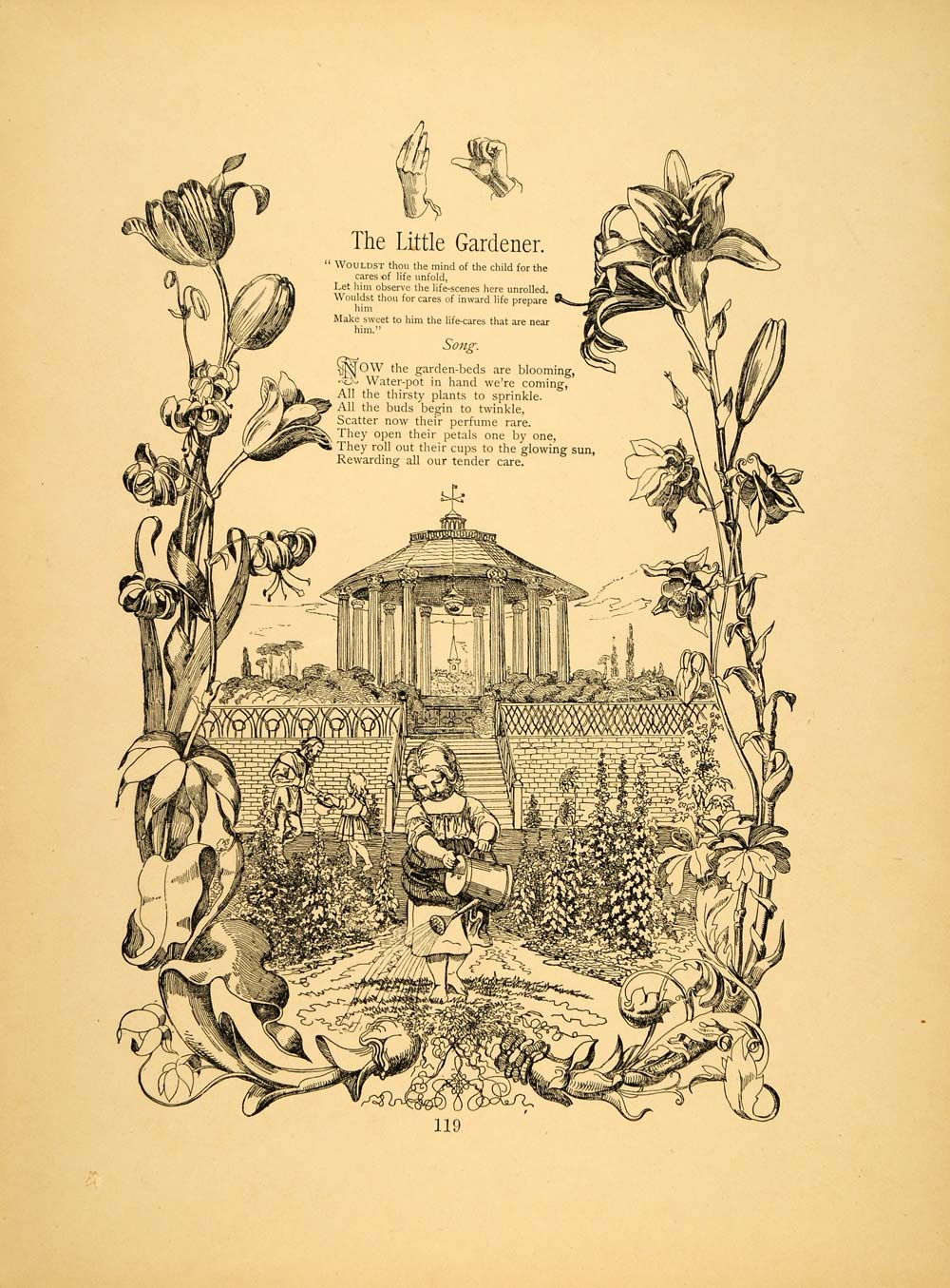 1879 Print Child Watering Can Garden Friedrich Froebel ORIGINAL HISTORIC MP3