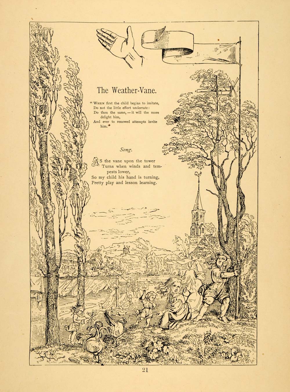 1879 Print Weathervane Children Games Friedrich Froebel ORIGINAL HISTORIC MP3