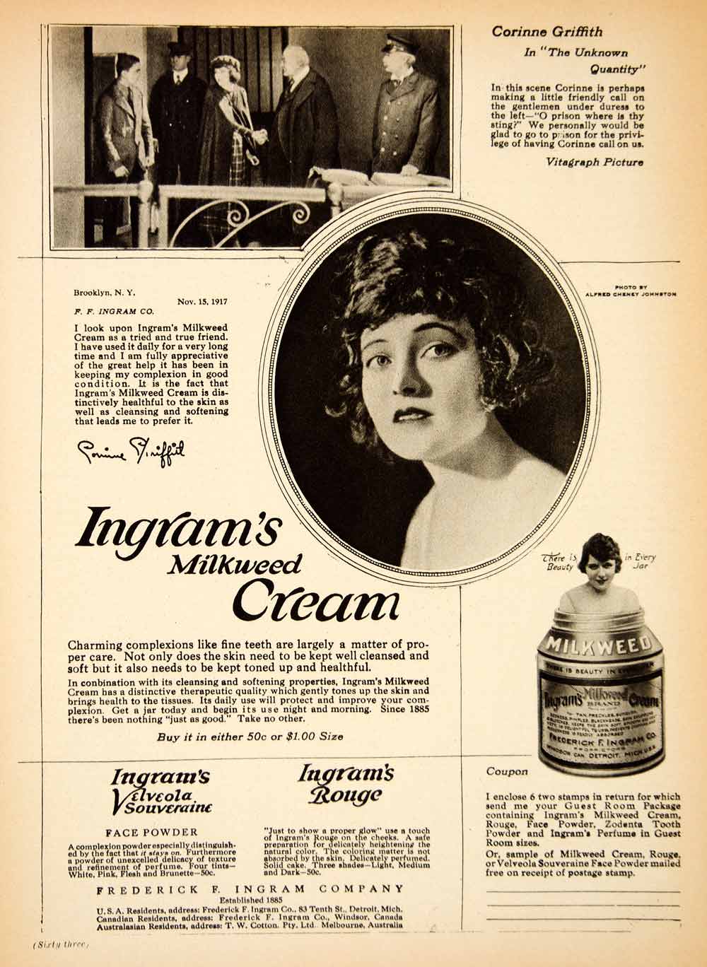 1919 Ad Frederick F. Ingram Milkweed Cream Beauty Healthy Corinne Griffith MPC1