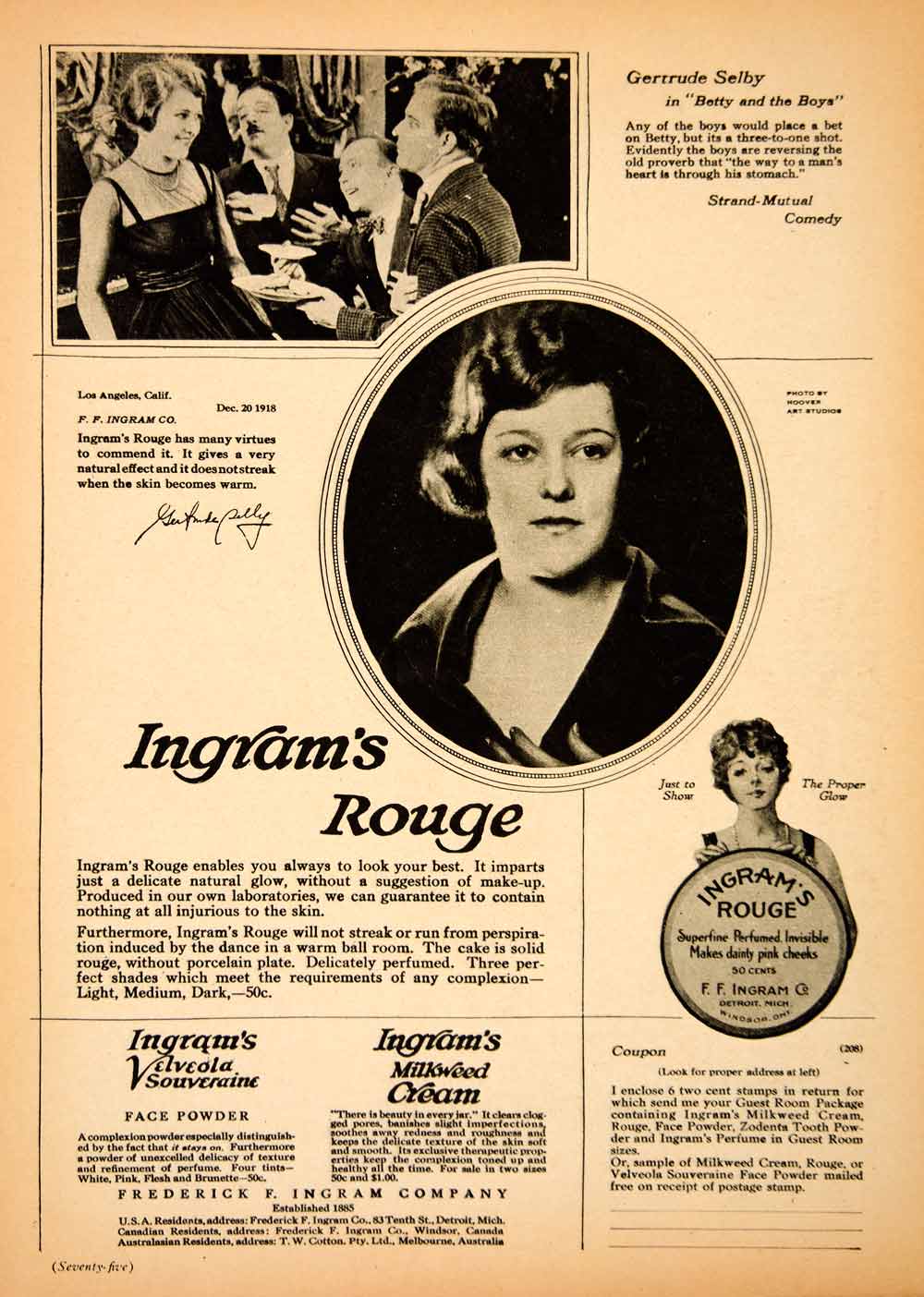 1919 Ad Frederick Ingram Rouge Make Up Gertrude Selby Betty Boys Milkweed MPC1