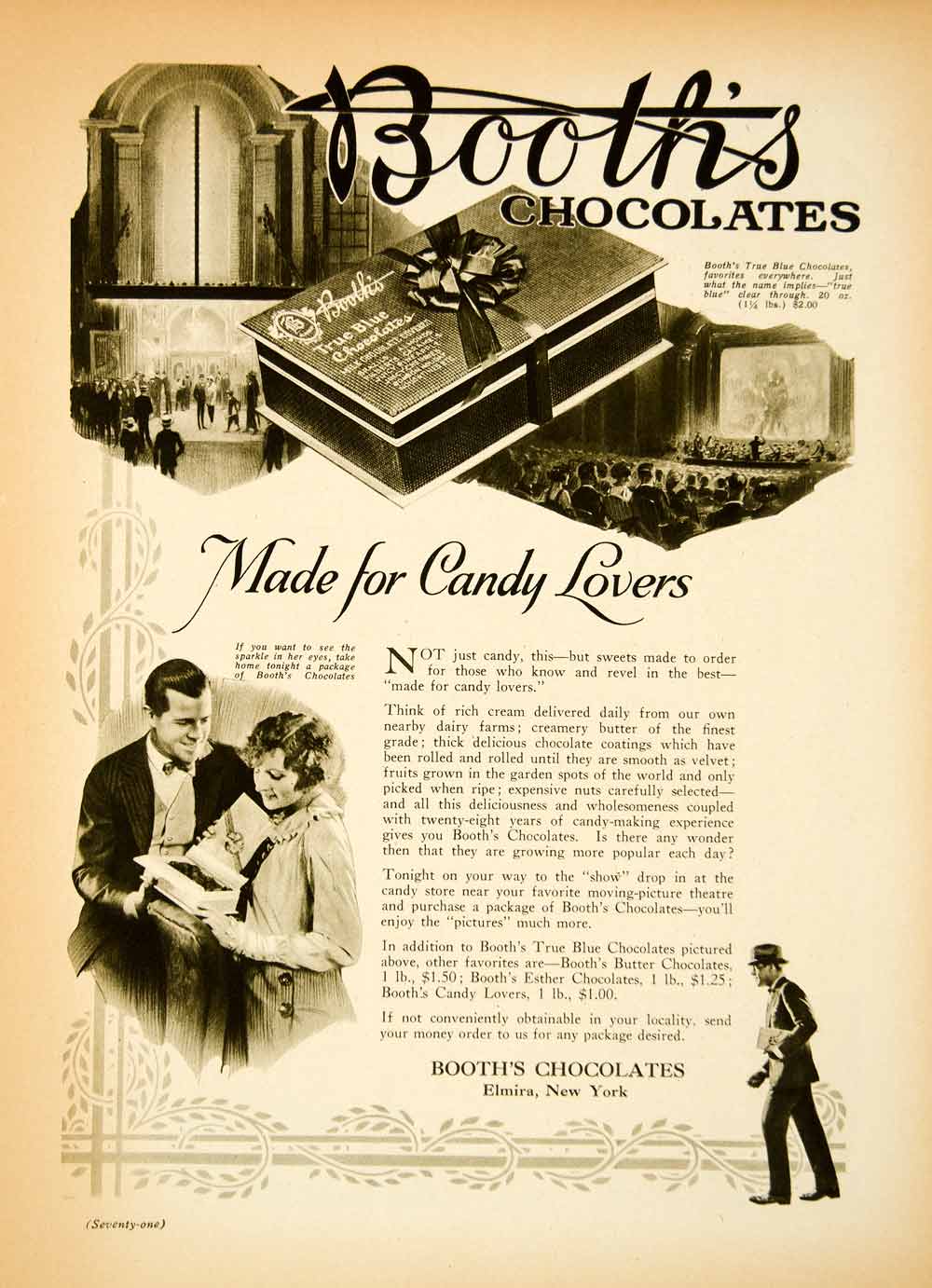 1923 Ad Booths Chocolates Candy Lovers Elmira New York Box Theater Border MPC1