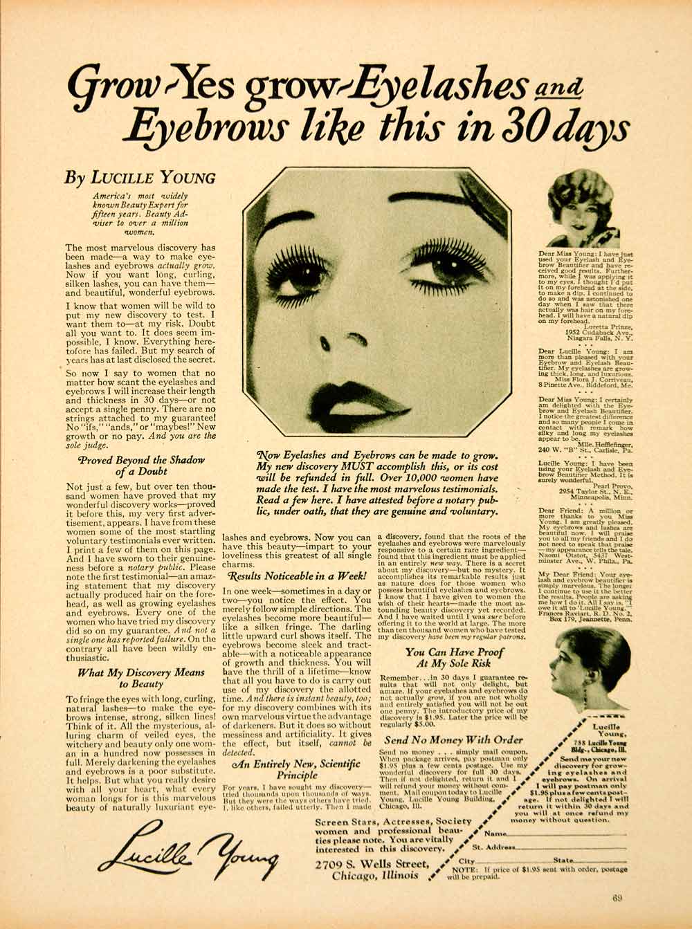 1927 Ad Lucille Young Grow Eyelashes Eyebrows Beauty Women Chicago Illinois MPC1