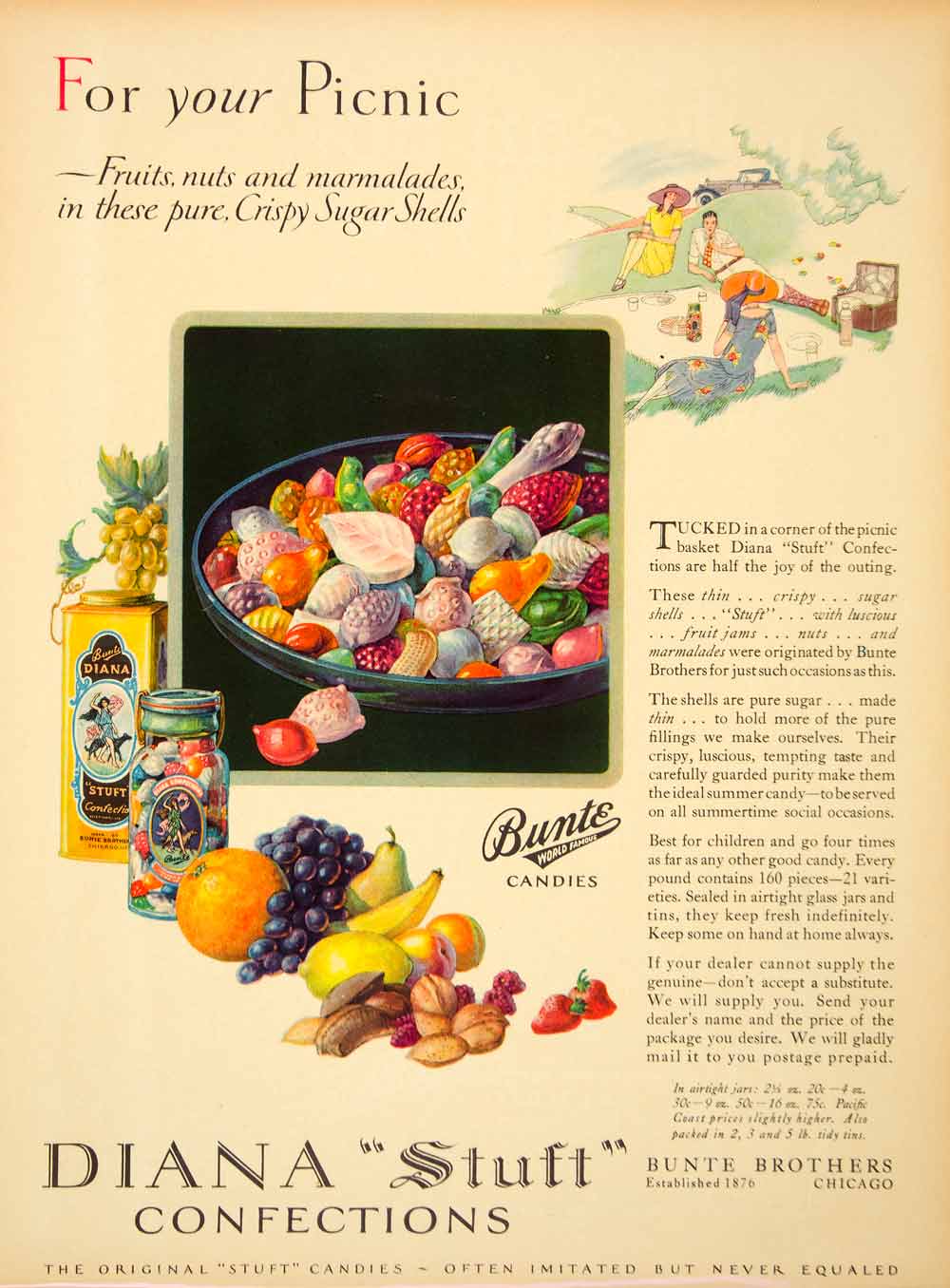 1927 Ad Bunte Brothers World Famous Diana Stuft Confection Candy Picnic MPC1