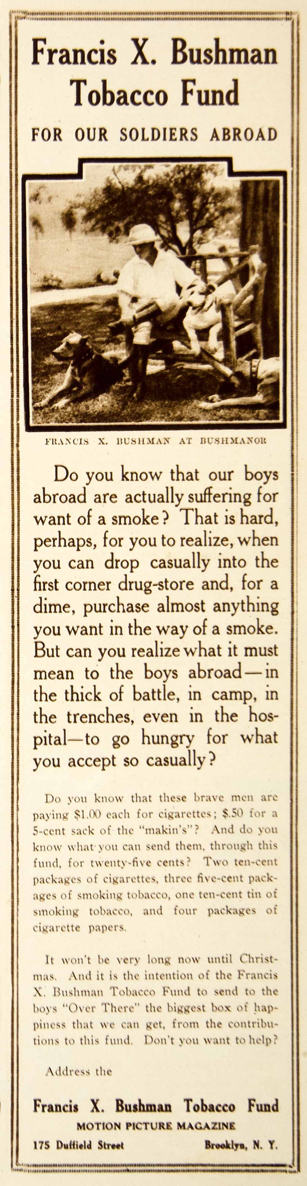 1919 Ad Francis X. Bushman Fund Soldier Abroad Cigarettes Military Men MPC1