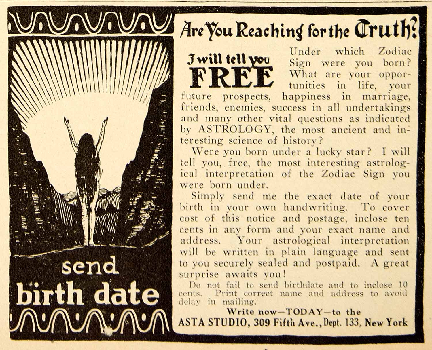 1923 Ad Asta Studio New York Astrological Reading Zodiac Woman Art Nouveau MPC1