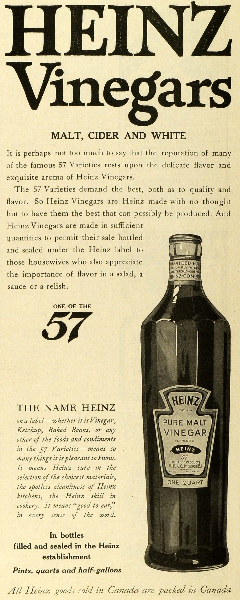 1919 Ad H J Heinz Co Pure Malt Vinegar Bottle 57 Condiments Food Products MPR1