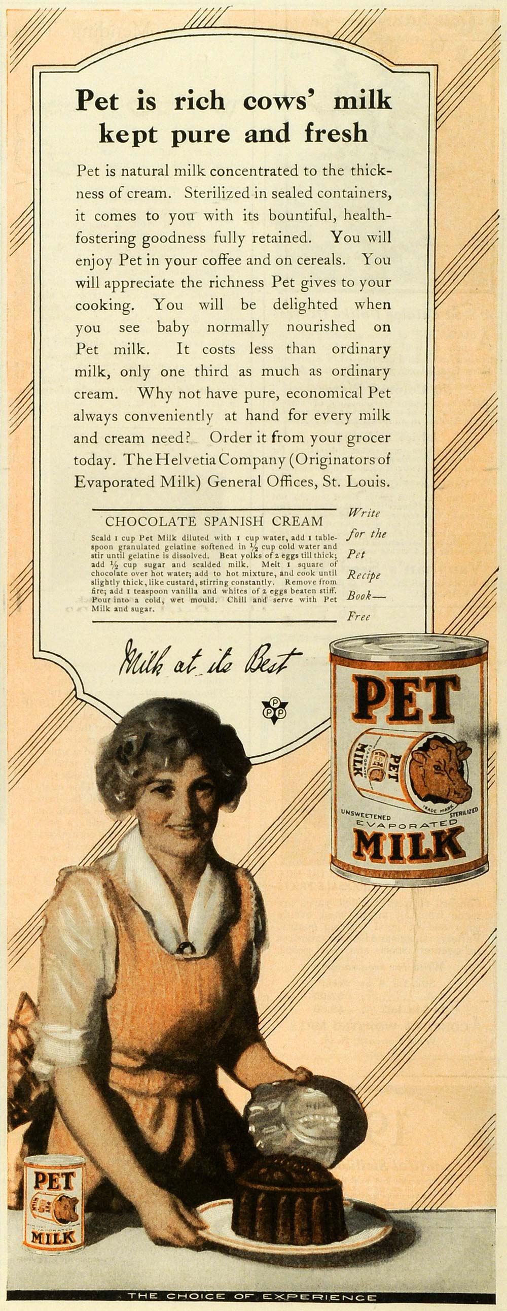 1923 Ad Helvetia Pet Unsweetened Evaporated Milk Chocolate Spanish Cream MPR1