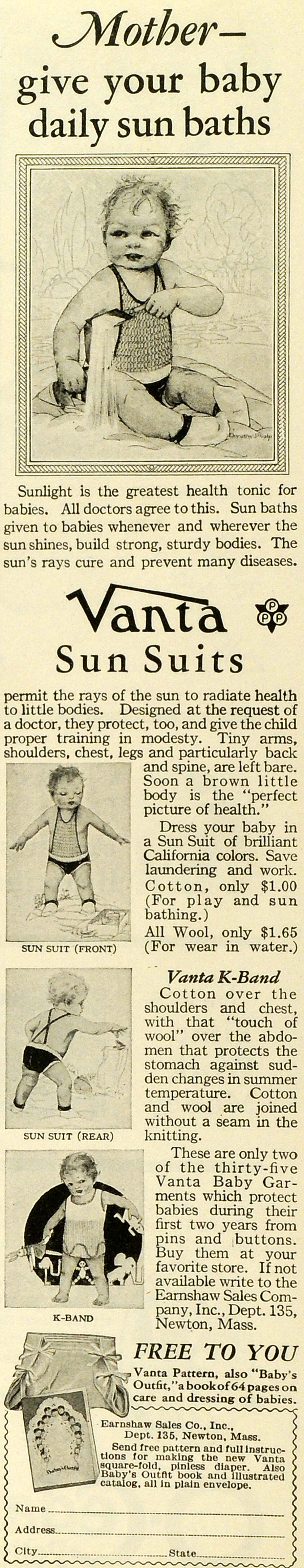 1928 Ad Earnshaw Sales Co Vanta Sun Suits Baby Swimsuit Clothing Infant MPR1