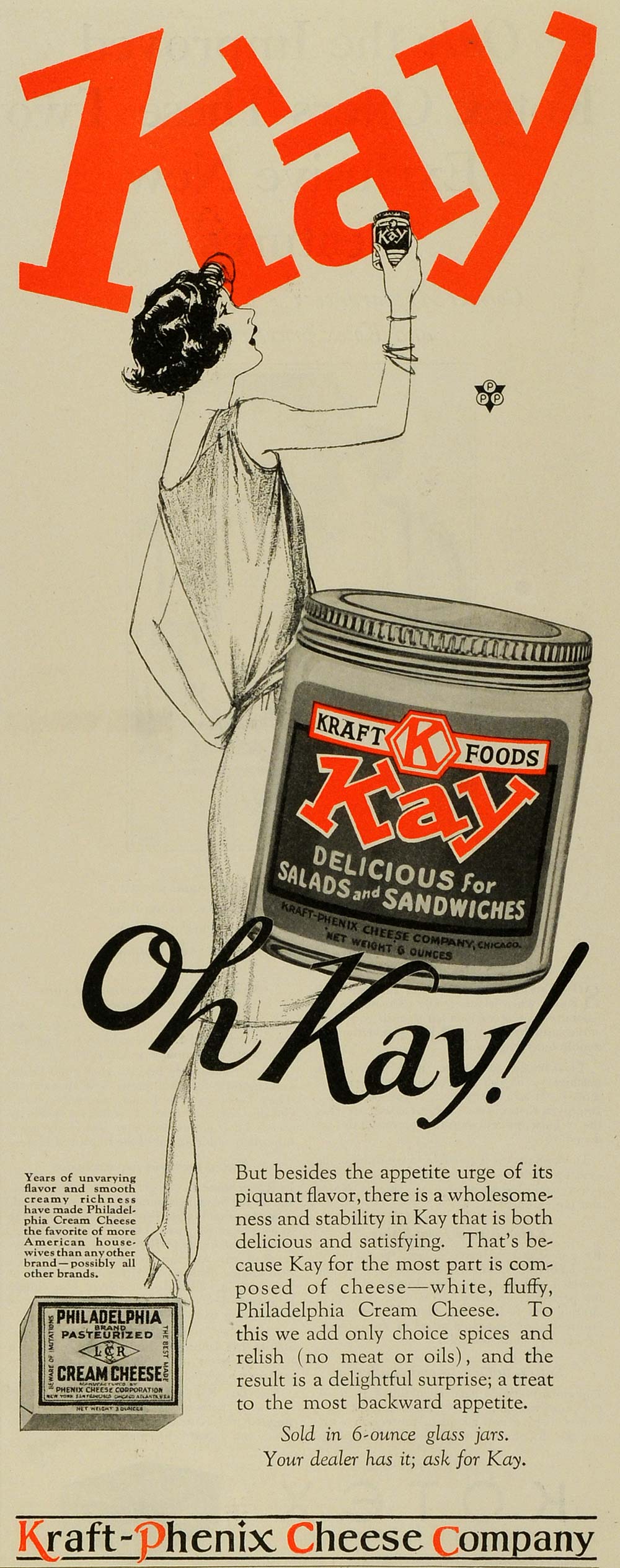 1928 Ad Kraft-Phenix Cheese K Foods Kay Philadelphia Cream Cheese Dairy MPR1