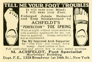 1916 Ad M Achfeldt Flat Foot Specialist NY Perfection Toe Spring Arch MPR1